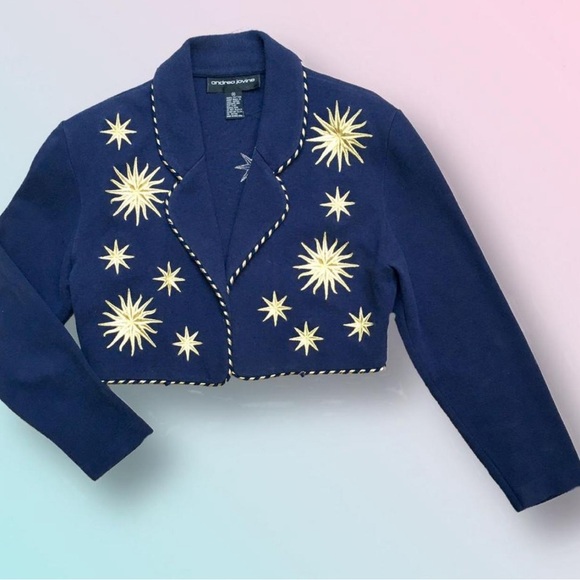Andrea Jovine Jackets & Blazers - andrea jovine women’s petite vintage blue blazer with golden stars PS L66-23